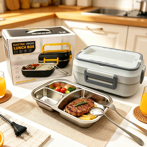 Portable Electric <b>Heated</b> <b>Lunch</b> <b>Box</b> 100W with 2 Compartments 1.6L Stainless Steel BPA Free for Adult Work School KL03009 - Product Image 1
