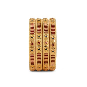 Classic Gold Look Metal Bangle with Decorative Color Work and Detailed Cutting Pattern Over <b>Red</b> Seep Kada Indian Traditional - Product Image 2