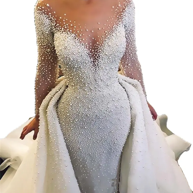 2022 Beaded Long Sleeve Wedding Dresses Dubai Wedding Gowns With Detachable Tail wedding dress bridal gowns detachable skirt