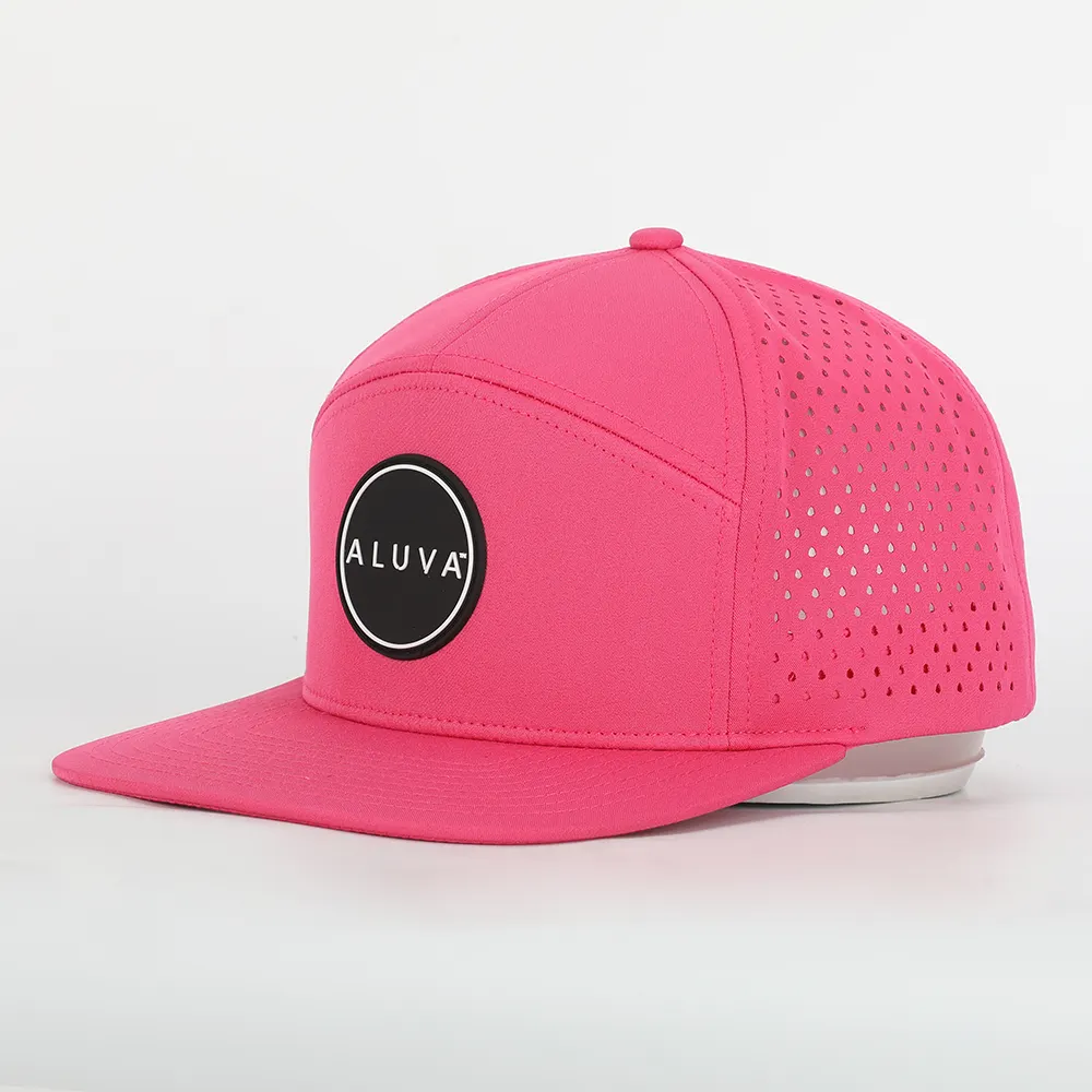 Gorra personalizada de alta calidad con 7 paneles, Logo de PVC, agujero de corte láser, rosa, perforada, Hip-Hop, plana, de lujo, Snapback
