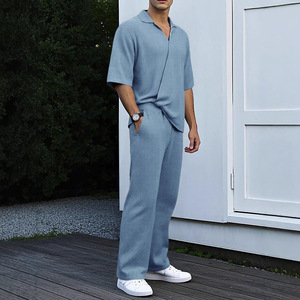 Ensemble pantalon long et t-shirt à manches courtes en tissu gaufré pour homme, tenue décontractée printemps, bleu - Product Image 5