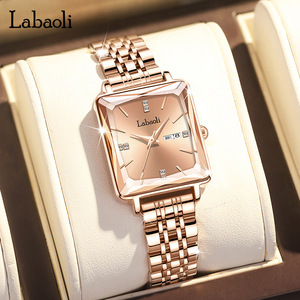 LABAOLI LA258, reloj de pulsera cronógrafo de lujo sencillo deportivo de acero inoxidable cuadrado azul resistente al agua para mujer con calendario, fecha automática - Product Image 5
