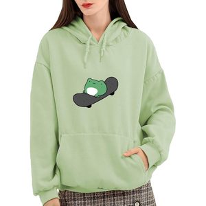 Sweat à capuche pour femme en coton à manches longues, motif grenouille mignonne sur skateboard, vert M, décontracté, pour l'automne - Product Image 2