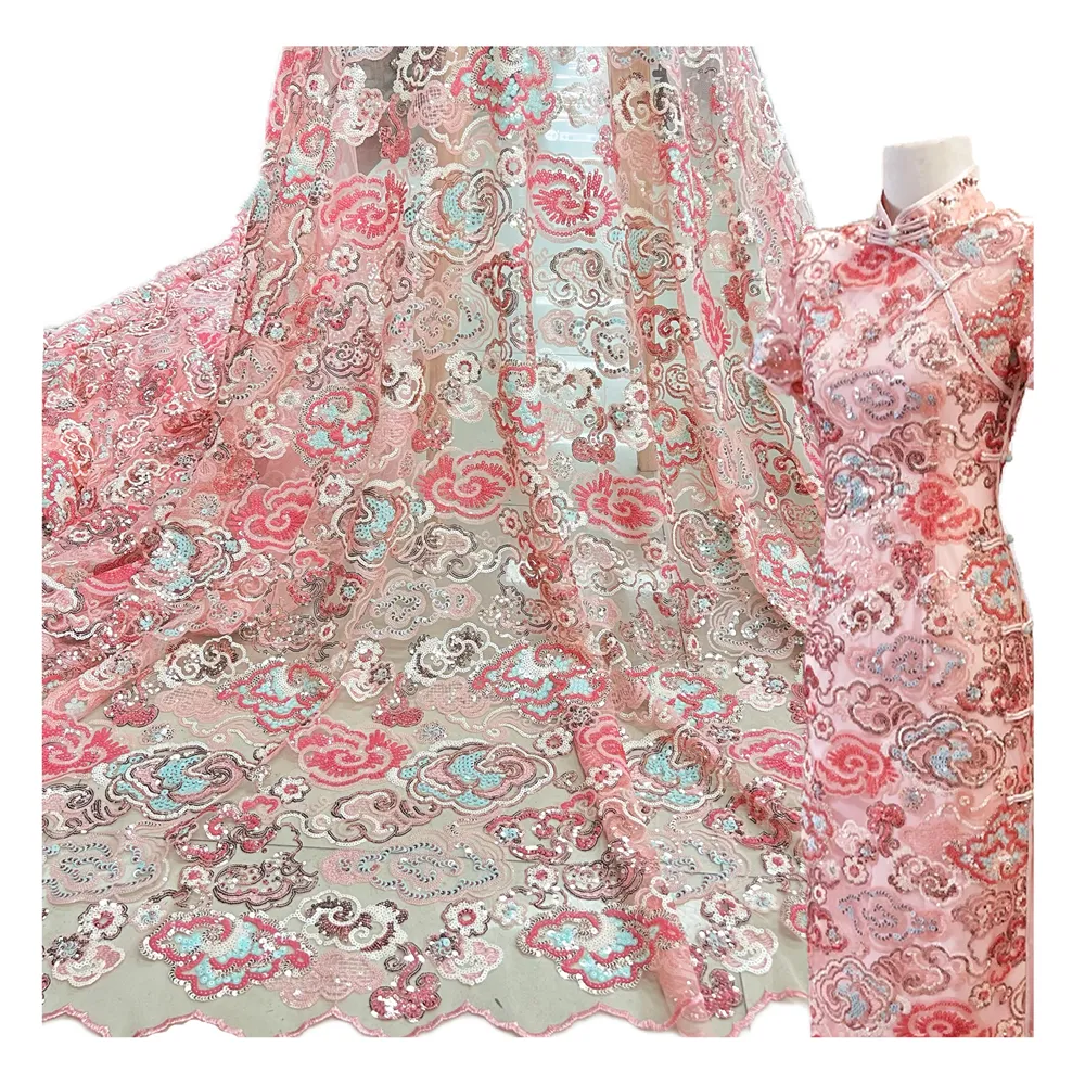 Precio al por mayor barato encaje flor tela lentejuelas tela bordado para saris indio
