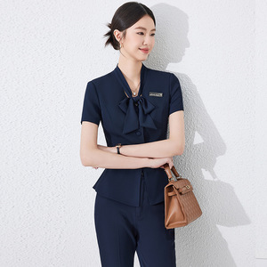 Women's Navy Blue Hotel Uniform Short Sleeve Blouse With Bow Tie And Matching Pants For Receptionists Summer 2025 - Product Image 1