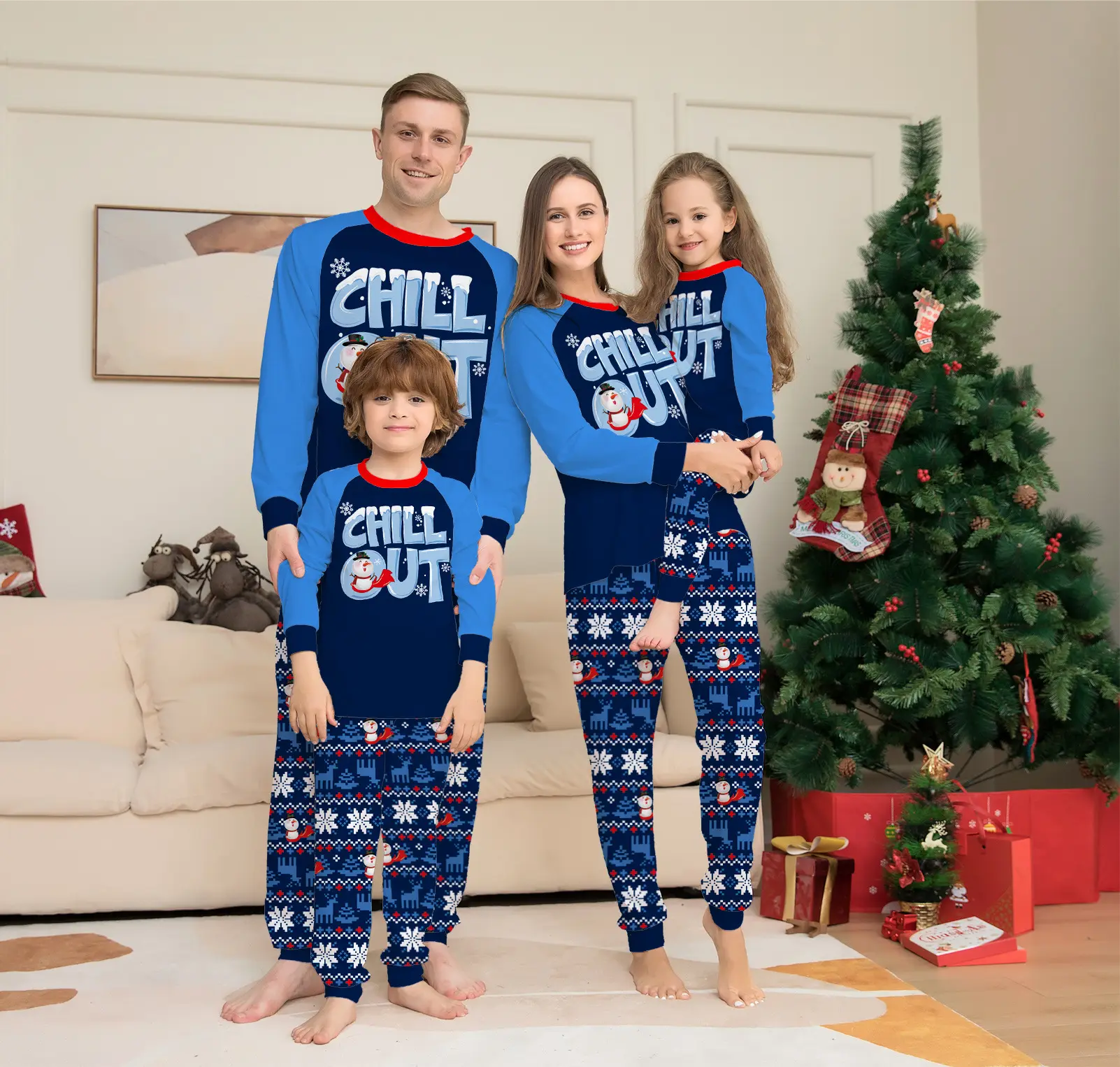 Family matching printing Christmas pajamas wholesale custom long sleeve winter Mom and kids clothes sleepwear