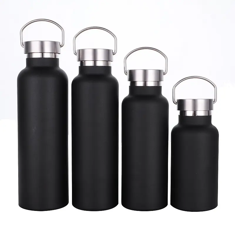 Amerikan tarzı 750ml mat buzlu siyah toz kaplı termos su şişesi metal saplı 25oz paslanmaz çelik vakum şişeler