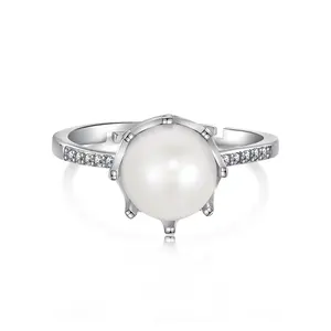 Dylam In Stock Elegant Design 925 Sterling Silver Rhodium Plated Crown Open Adjustable Pearl Wedding Promise Bridal Daily Ring