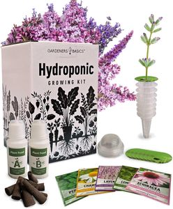 Kit de cultivo de hierbas de interior hidropónico y acuapónico con lavanda medicinal, manzanilla, bálsamo de limón, macetas y jardineras - Product Image 1