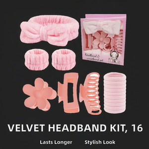 ベルベット洗顔キット、ヘッドバンド、リストバンド、ヘアクリップ付き - ファッション女性用16点セット、カスタムウェディングギフト - Product Image 2
