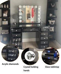 Mirrored Crushed Diamond <strong>Vanity</strong> with <strong>Hollywood</strong> LED Mirror, 13 Drawers Dressing Table for Bedroom Makeup Storage - Product Image 5
