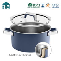 Casserole en céramique avec logo personnalisé OEM ODM, fabrication en gros, batterie de cuisine triple couche en acier inoxydable, marmite de cuisson