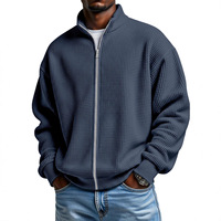 Blouson Bomber Homme Style Américain Effet Vieilli Minimaliste Couleur Unie Col Montant en Maille Gaufrée avec Fermeture Éclair sur le Devant en Polyester