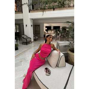 Ensemble jupe en tricot rayée fuchsia, style club décontracté, tenues d'été avec hauts courts et longs, pantalon tissé coupe ajustée - Product Image 4