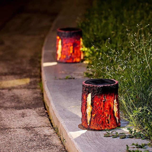 Stump on Fire Torch Flickering Flame Lantern Outdoor Patio Pathway Garden Solar Lights