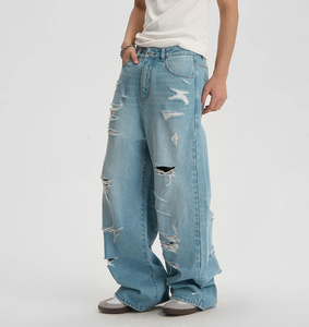 Vaqueros de mezclilla lavados a la piedra de pierna ancha, cintura alta, ajuste holgado, rasgados y desgastados, de algodón, estilo urbano, pantalones para hombre OEM ODM - Product Image 3