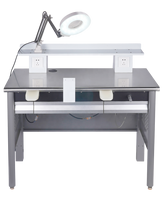Mesa de Trabajo Profesional para Laboratorio Dental Individual con Lámpara LED de Aumento Eléctrica y Sistema de Succión Integrado para Técnicos