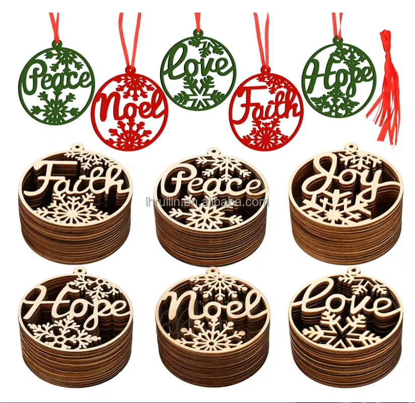 30pcs Wooden Hollow Hanging Ornaments Cutouts Christmas with love hope peace Ropes for Xmas Tree Hanging Craft wood DIY