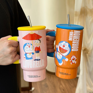 Zuo Mu Doraemon Ceramic <b>Cup</b> with Lid and Handle Large Capacity <b>Insulated</b> Straw <b>Cup</b> First-class Quality for Gift Spring 2025 - Product Image 4