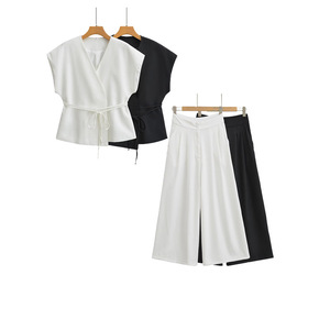 Gilet doppiopetto in <span class=keywords><strong>lino</strong></span> da <span class=keywords><strong>donna</strong></span> per il commercio estero <span class=keywords><strong>pantaloni</strong></span> a pieghe tinta unita Set da <span class=keywords><strong>donna</strong></span> stile elegante Hot Cross-Border - Product Image 1
