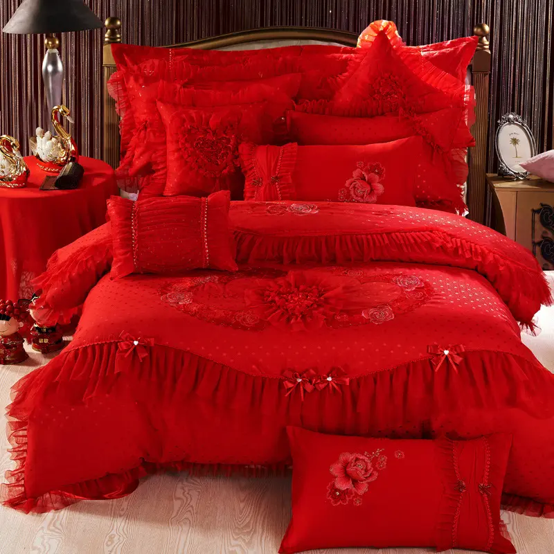 Juego de cama de edredón de boda rojo MU, edredón de seda tamaño King, Sábana, juegos de cama para cuna, venta al por mayor