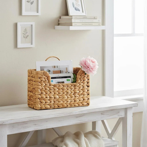 Cesta de Jacinto de Agua Hecha a Mano para Guardar Mantas, Organizador de Revistas Tejido Natural, Contenedor Rústico en Forma de U con Asas para Sala de Estar - Product Image 1