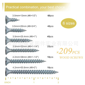 Wood Screws Assortment Kit 209Pcs Carbon Steel Phillips Countersunk Self Tapping Screw Set For Wood Imperial Size - Product Image 3