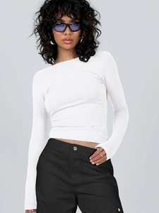 T-<span class=keywords><strong>shirt</strong></span> court à col rond et <span class=keywords><strong>manches</strong></span> <span class=keywords><strong>longues</strong></span> pour <span class=keywords><strong>femme</strong></span> Y2K, en <span class=keywords><strong>coton</strong></span> noir uni 180g, respirant et écologique, personnalisable avec logo, vente en gros - Product Image 4
