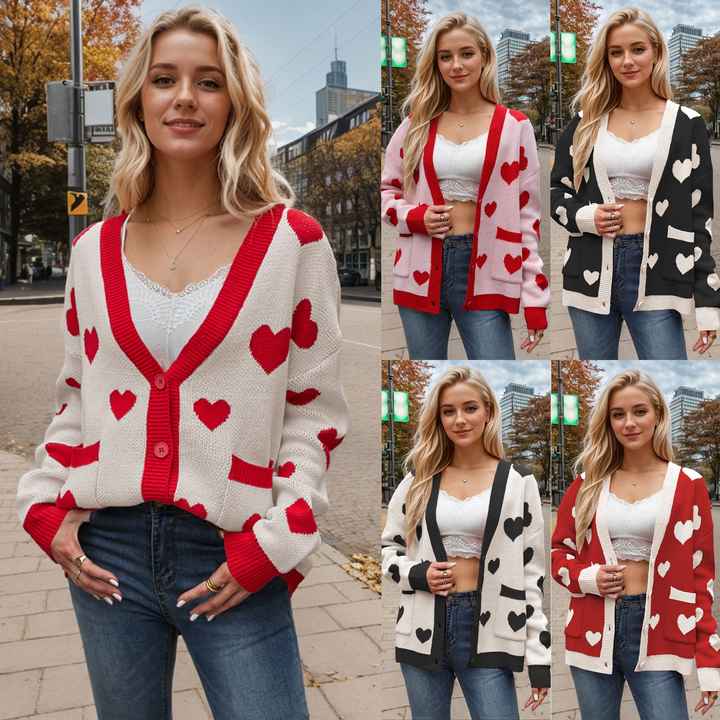 Valentine’s Day Heart V-Neck Cropped Cardigan