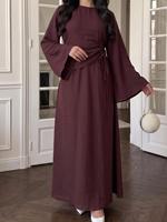 Abaya décontractée traditionnelle en polyester respirant pour femme, manches longues, coupe ample, détail noué, longueur cheville - Couleur unie