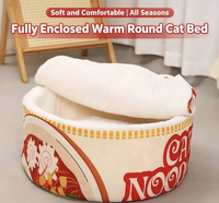 Lit pour chat Ramen, type bol de nouilles japonais fermé, rond, double usage, tapis pour animaux de compagnie, chaud, amovible et lavable, pour l'automne et l'hiver