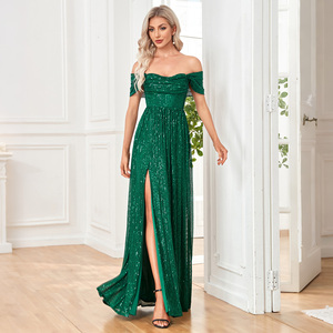 Vestido de Noche Verde con Lentejuelas y Hombros Descubiertos para Mujer, con Abertura Alta y Fruncido, Largo, para Fiesta de Graduación, Dama de Honor, Vestidos Formales Personalizados al por Mayor - Product Image 3