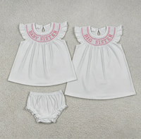 Ensemble Robe d'été pour Bébé Fille Manches Courtes Broderie Bébé/Grande Sœur Blanc Smocked avec Nœuds et Rubans 100% Coton Vêtements Enfant Vente en Gros