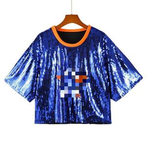 ショートスリーブレターストリートウェアルーズTシャツスパンコールヒップホップNigh女性用ジャージークロップトップ女の子用 - Product Image 5