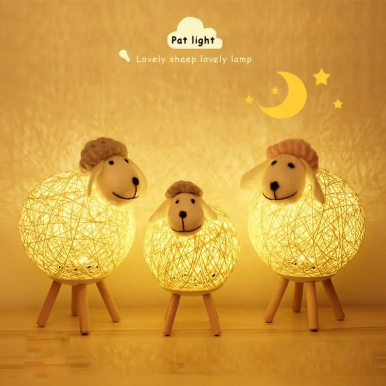 Creative Wooden Sheep LED Night Light Hand-woven lampshade moon lamp Cute Sleep Bedroom bedside Decoration Animals Night lamp