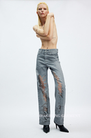Jean droit femme tendance streetwear OEM Y2K en denim semi-transparent gaufré, déchiré et évidé, taille mi-haute