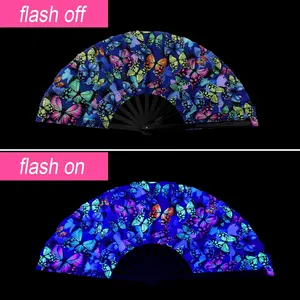 33cm UV Clack Hand Fan Bamboo Folding Fans With Fabric Case Glow In Dark For Festival And Party