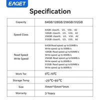 Tarjeta de Memoria EAGET T2 TF de 64/128/256/512 GB A2 V30 U3 160 MB/S para UAV / Dash Cam, Teléfono Android, Tablet, OEM, Speicherkarte, Tarjeta de Memoria TF