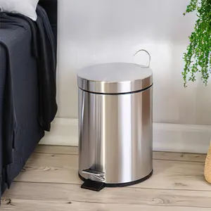 Stainless Steel Round Pedal Bin Rubbish Step Trash Can With Inner Bucket And LId