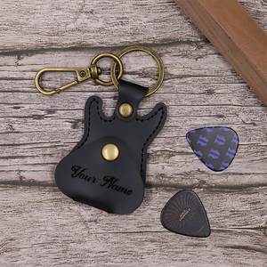 Vintage Genuine Leather Guitar Pick Pouch Guitar Shaped Keychain Holder Personalized Pick Storage <b>Bag</b> Custom Name Unique Gift - Product Image 2