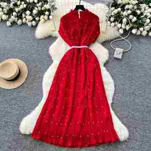 Vestido Midi Plisado Tipo Túnica Romana Tejida Sostenible de Verano 2025 para Mujer, Cintura Imperio, con Cuentas y Encaje, Transpirable - Product Image 4