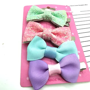 Factory Wholesale Candy Color Baby Kids Bowknot Bling Glitter Fabric Hair Bow Clips Set For Girls