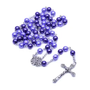 DIY Customized Factory Two Colors Purple Pearl Beads Jewelry Catholic Diamond Centerpiece Crucifijos Para Rosarios