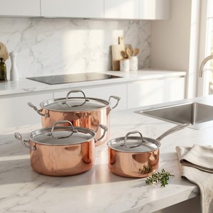 Nouvel arrivage d'usine : Ensemble de 6 casseroles et poêles en cuivre triple couche avec poignées, fond à <span class=keywords><strong>induction</strong></span>, comprenant une casserole, une marmite et une cocotte. - Product Image 4