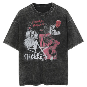 T-shirts en coton tricoté 100 % personnalisés en gros, style streetwear unisexe, avec imprimé graphique d'avatars d'anime, effet vintage délavé pour hommes - Product Image 1