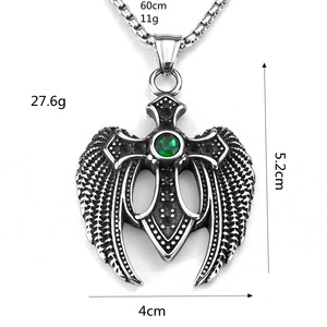 yunnique Stainless Steel Men's <b>Cross</b> Wing Pendant With Green Gemstone Asymmetrical Design For Gift Necklace Charm - Product Image 5