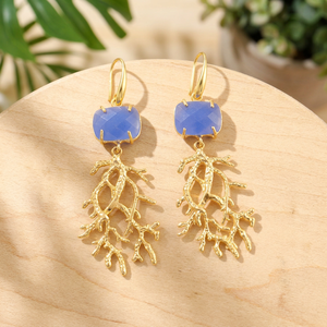 Luxury Fashion Jewelry Blue Chalcedony Coral Branch Drop <b>Earrings</b> Solid Brass 18k Gold Plated women's Statement <b>Hook</b> <b>Earrings</b> - Product Image 5