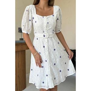 Vestido A-Line Caqui al por Mayor con Cuello Cuadrado y Cinturón, Cintura Elástica, Tejido Transpirable, Casual Diario - Product Image 2