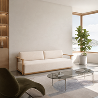 Canapé 2 places avec base en bois massif, coussin en tissu, style moderne minimaliste, accoudoirs en bois, meubles de salon pour la maison
