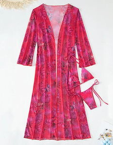 8Colors Ties Details Sexi Lady Basic Bikini Set Long <strong>Beach</strong> <strong>Kimono</strong> Print 3Pieces Set Swimwear - Product Image 3